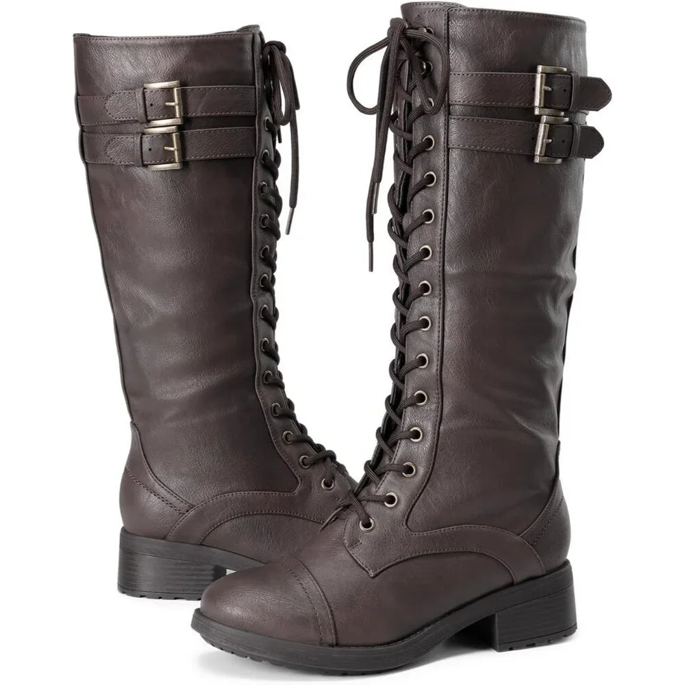 Women's Polyurethane Pu Georgia-brown Double buckle Knee High Riding Combat Boot